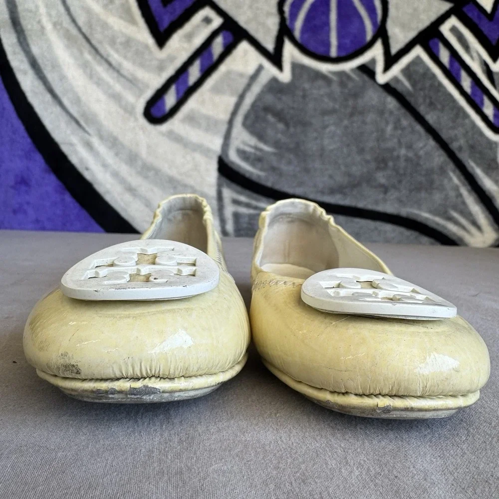 Size 6.5m - Tory Burch Flats Reva Metallic Gold Tumbled Leather Ballerina Shoes